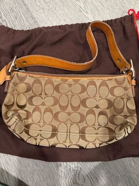 Coach Brown Signature Canvas Shoulder Bag with Tan Trim